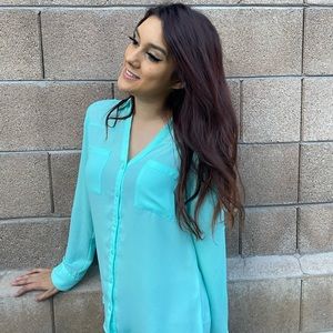 Express turquoise button up long sleeve (size:S)
